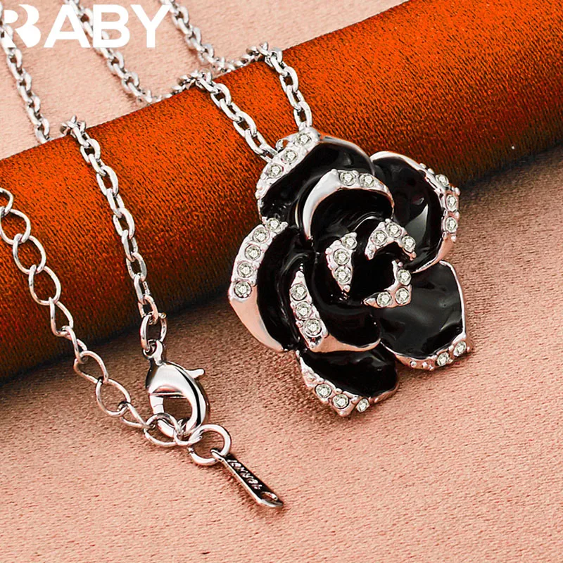 

URBABY 925 Sterling Silver With 16-30 inch Chain AAA Zircon Black Rose Flower Pendant Necklace For Women Wedding Party Jewelry