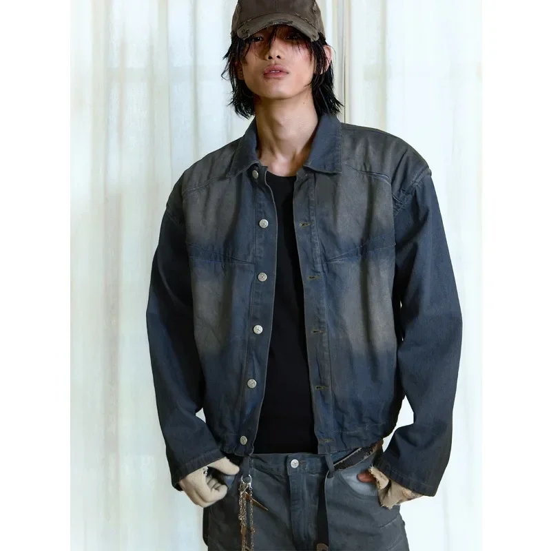 16oz Freeze Denim Jacket Heavyweight Dirty Dye Washed Cowboy Coat Men Dark Blue Loose Jeans Jackets