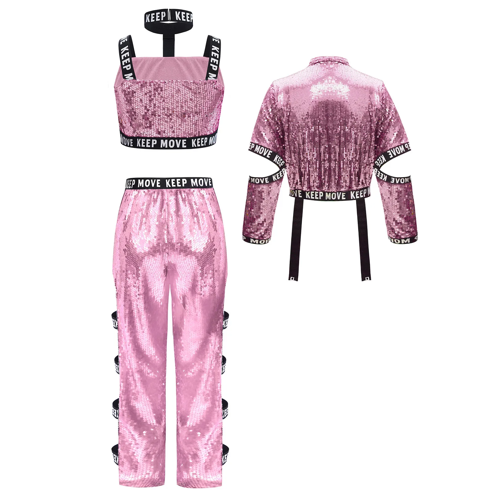 ชุดเต้นฮิปฮอปแจ๊สสำหรับเด็กผู้หญิง ชุดแสดงบนเวที เสื้อกั๊กปักเลื่อม แขนยาว เสื้อแจ็คเก็ตพิมพ์ลายตัวอักษร และกางเกง