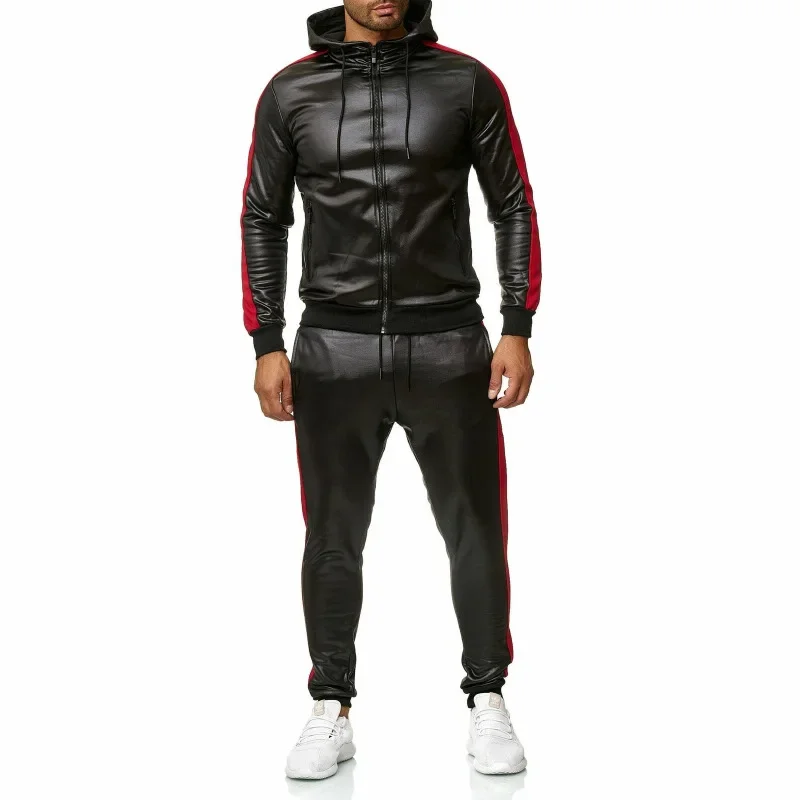 

Autumn and Winter Men's Leather Sports Set Jogging Hooded Stripe Spliced Zipper Two Piece Casual Fashion Set