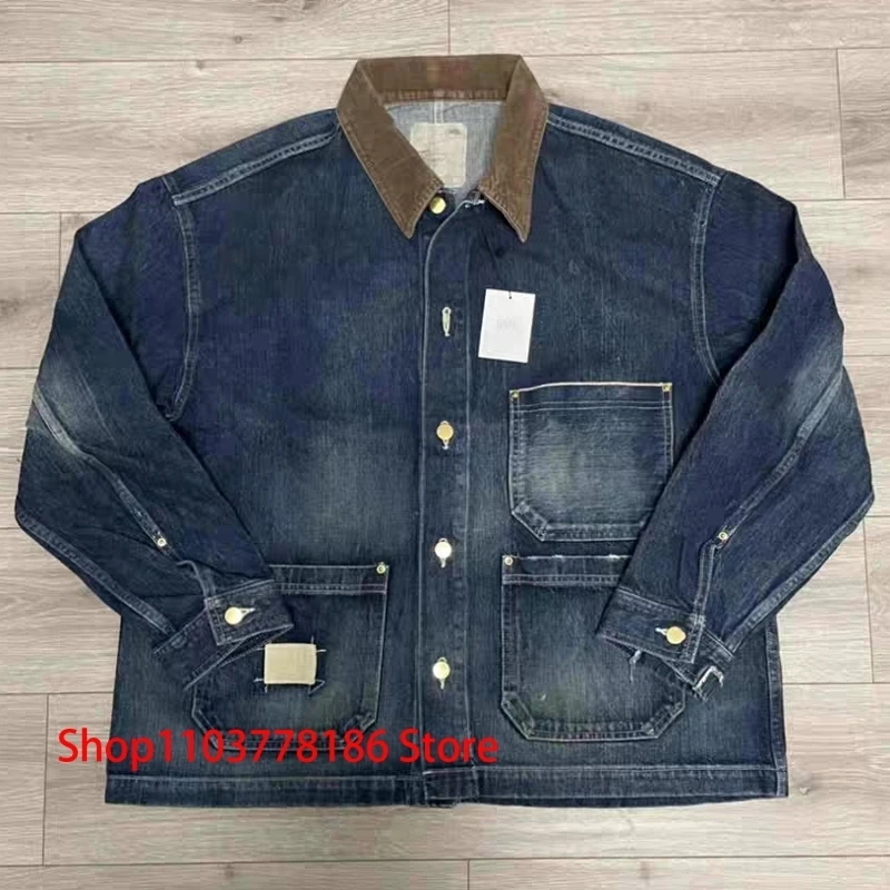 New Madness Denim Jacket High Street Vintage Wash Old Corduroy Lapel Three-pocket MDNS Cargo Coat Men Women Streetwear