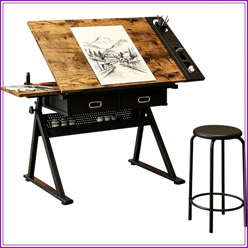 Height Adjustable Drafting Table with 0-75° Tilting Drawing Desk Surface for Art and Drafting