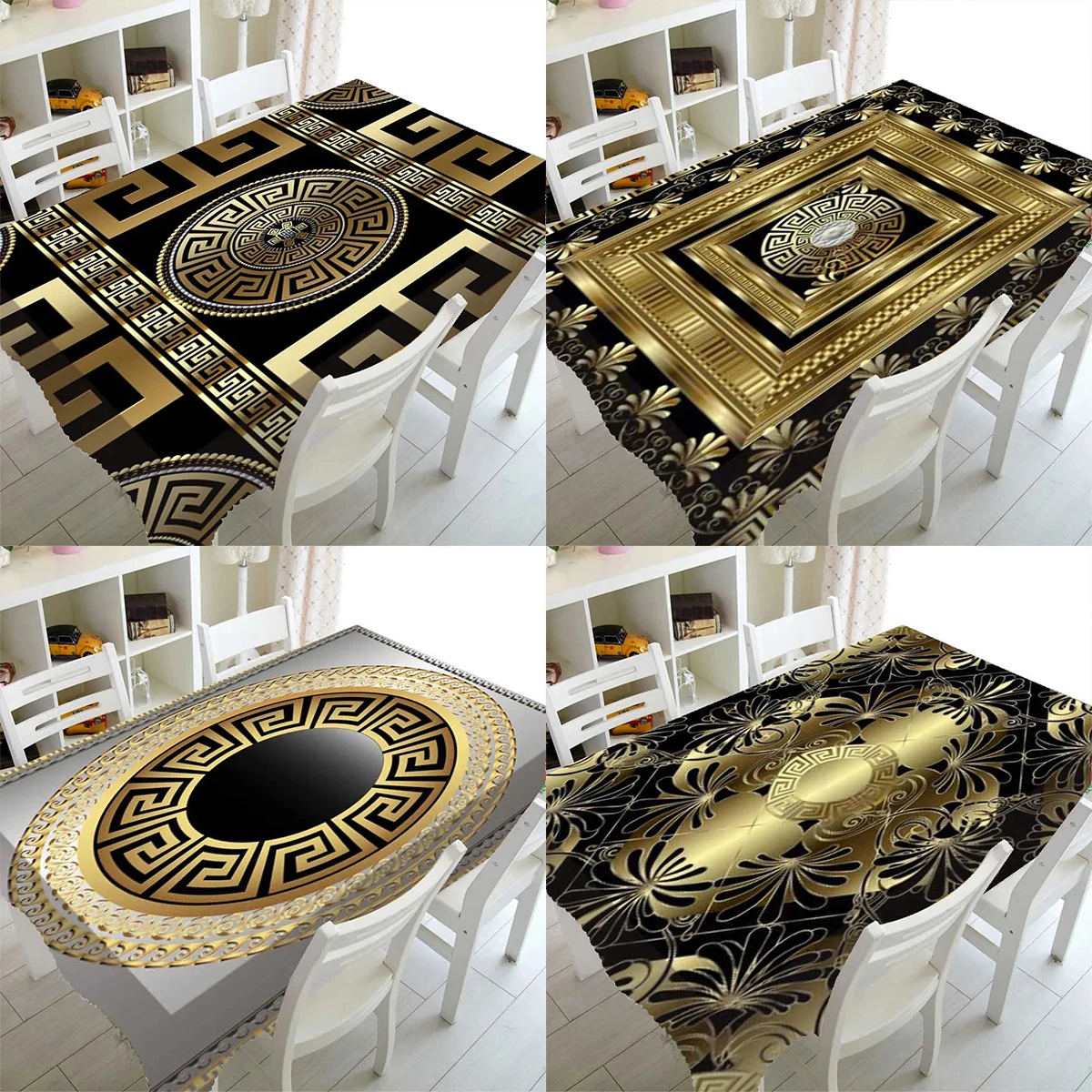 Geometric Luxury Black Gold Greece Rectangle Printed Rectangular Tablecloth For Table And Decoration Home Waterproof Tableclots