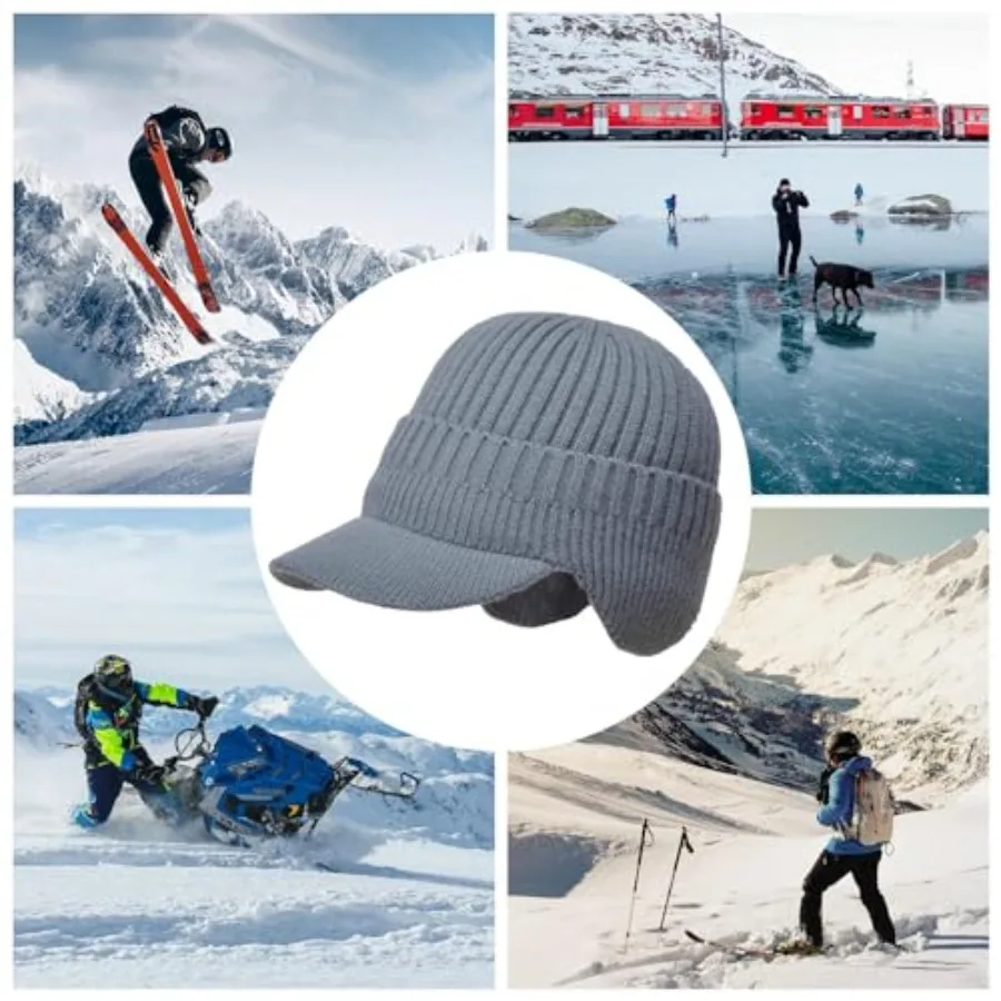 Gorro de invierno para hombre con ala, gorro cálido con orejeras para hombre, gorro de invierno de punto con forro polar grueso para exteriores