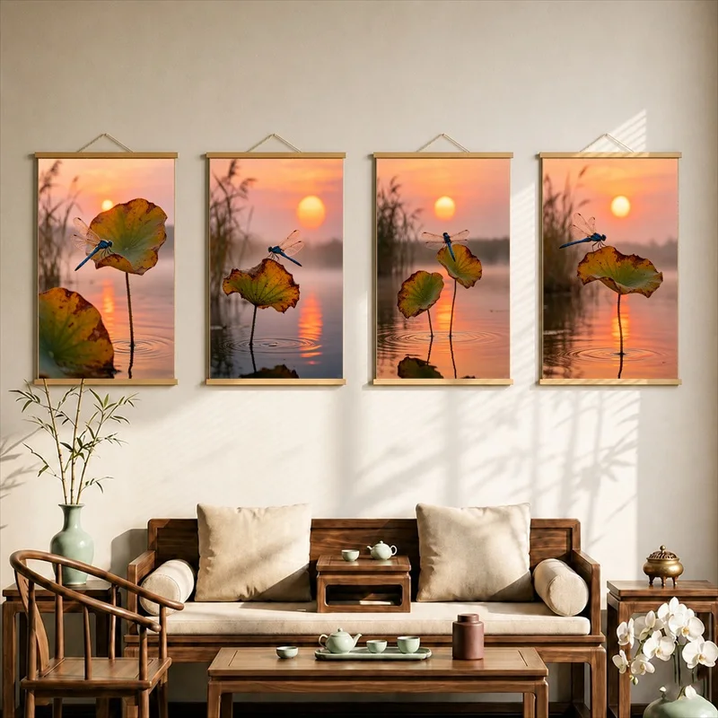Wall Art Withered Lotus Dragonfly and Sunset, Wabi Sabi Decor Pearlescent Canvas Hanging Scroll with Wooden Rods for Tea Room