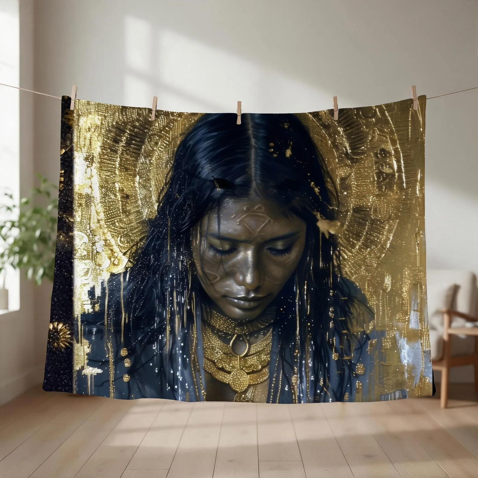 Taino Goddess Atabey Surreal Gold Art Throw Blanket couch cozy soft plush fuzzy picnic outdoor blanket