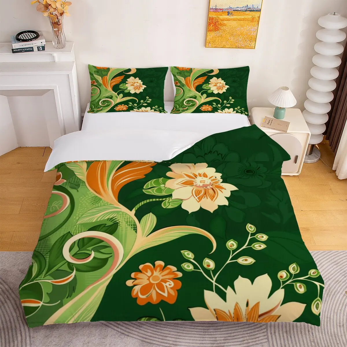 Neroli & Green leaves  duvet cover   Floral pattern on green background  1 duvet cover, 2 pillowcases, 3 pieces