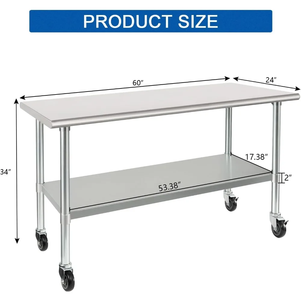 Stainless Steel Table with Wheels Casters Heavy Duty Commercial Work Table with Undershelf and Galvanized Legs for Restaurant