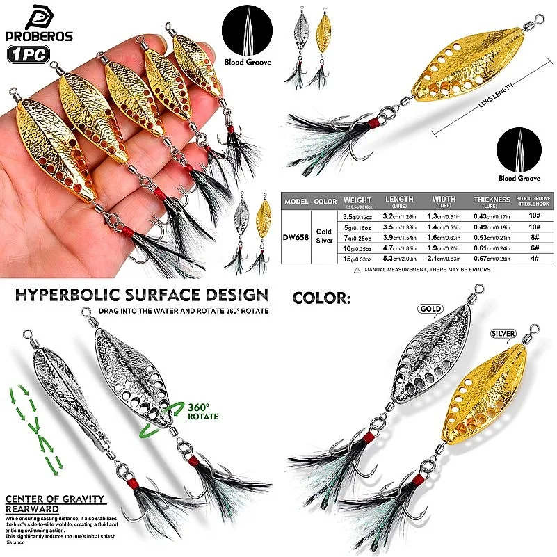 Proberos 10pc Metal Spinner Spoon Fishing Lure Hard Bait Sequins Noise Paillette Artificial Baits Spinnerbait Fishing Lures