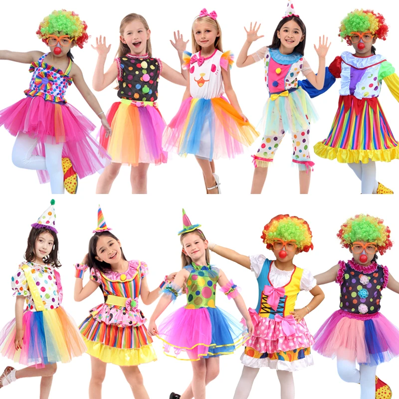 

Children Carnival Clown Circus Cosplay Costumes Kids Boys Girls Cute Baby Birthday Party Dress ,No Wig/ Foam nose