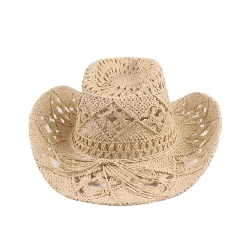 Cowboy Hat Classic Vintage Hollow Out Unisex Curled Edge Wide Brim Men Sun Hat Fishing Hat Handmade Cowboy Straw Hat Women Men