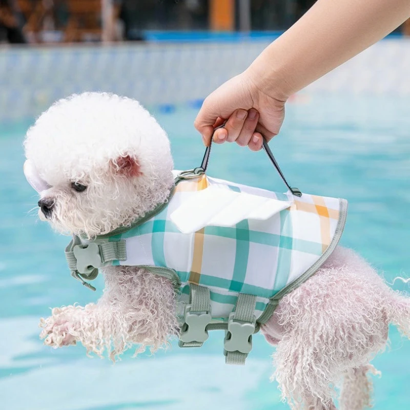 Plaid Dog Life Jacket High Buoyancy Puppy Flotation Vest with Rescue Handle Adjustable Pet Safety Lifevest for Water Activities view 3