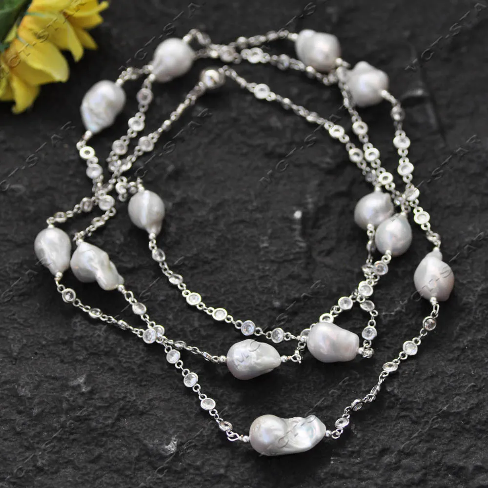 

MCT·STAR 50'' White Baroque Keshi Reborn Pearl Necklace CZ Chain 25mm Elegant Reborn Pearl Jewelry Accessory (Z14374)