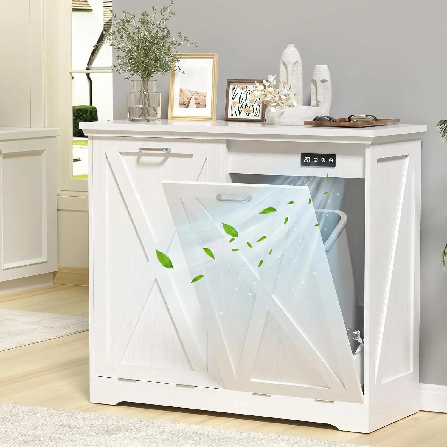 13 Gallon Tilt Out Trash Can Cabinet, Kitchen Trash Cabinet Hidden Trash Can with Deodorizing & Negative Ion Pet, Customized