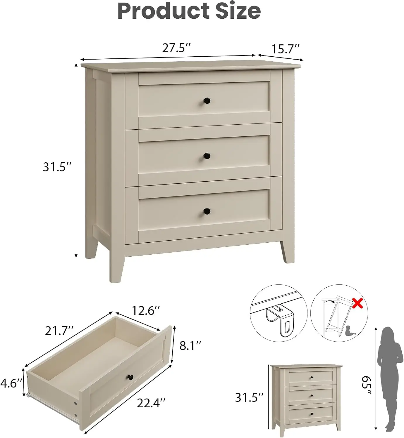 3-Drawer Dresser, 27.5