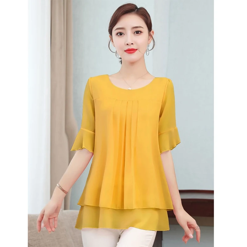 Chiffon Short Sleeve Thin Shirt Tops Summer New Plus Size Loose O-Neck Solid Color Blouse Casual Fashion Office Women Clothing