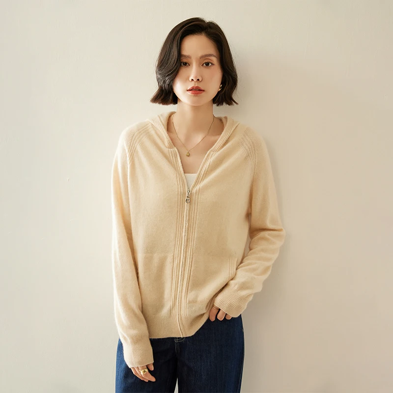 

New Chic Women 100% Cashmere Hooded Sweater Zipper Cardigan Long Sleeve Sweater Coat Autumn Winter Cashmere Knitwear Hoodie Top