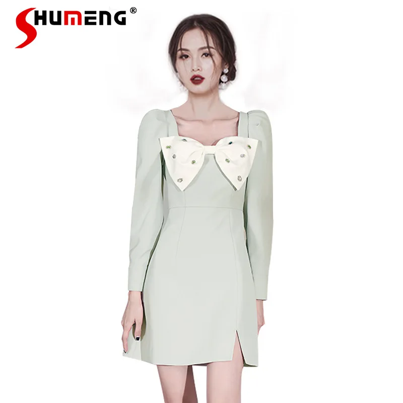 

2023 Light Green Square Collar High Waist Slimming Patchwork Rhinestone Bow Dresses Women's Small Tall A-line Vestidos De Mujer