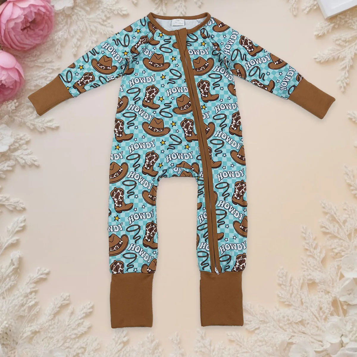 

Newborn Baby Boy Toddler Western Howdy Hats Long Sleeves Two Way Zipper Bubbles Romper Kids Sleepers Infant One Piece Wholesale