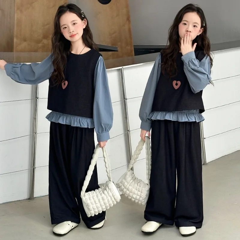 Girls Suit2026New autumn collection for children and older kids: stylish spring and autumn vest, shirt, and pants three-piece se