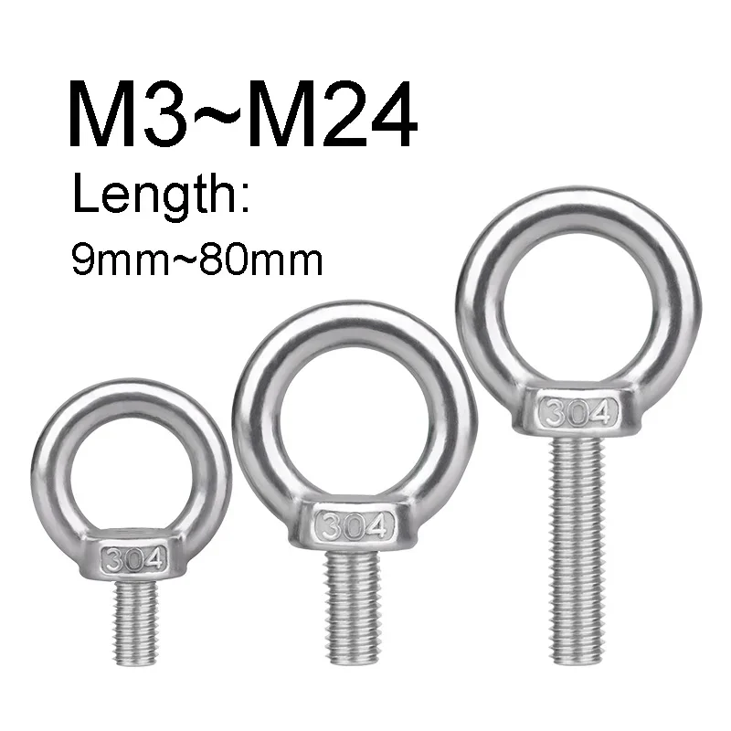 304 Stainless Steel Eye Screws M3 M4 M5 M6 M8 M10 M12 M14 M16 M18 M20 M24 Marine Cable Lifting Eye Bolts