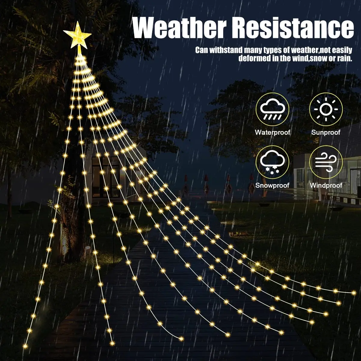 1pc Christmas Outdoor Star Lights 198 LED Waterfall Tree Lights USB Powered with 8 Modes Remote For Home Indoor Yard Patry Decor