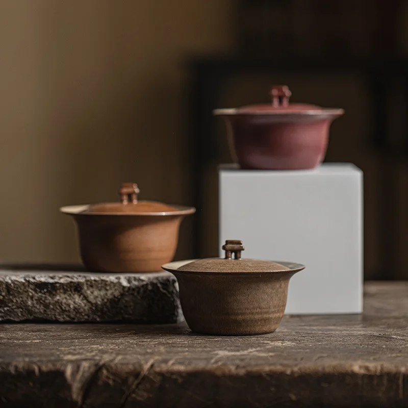 

Mangji Japanese Style Coarse Pottery Stone Lid Bowl Kung Fu Tea Set Household Jingji Feng Tea Bowl Antique Small Capacity Lid