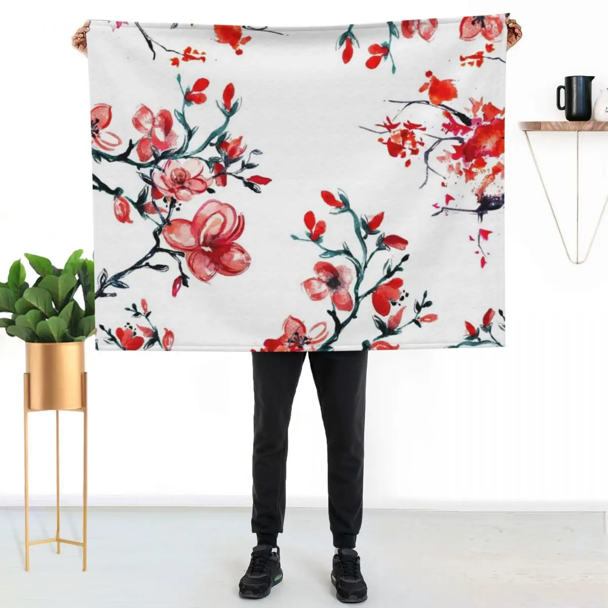 Red cherry blossom Throw Blanket Vintage Retros Picnic Flannel Fabric Thermals For Travel christmas decoration Blankets
