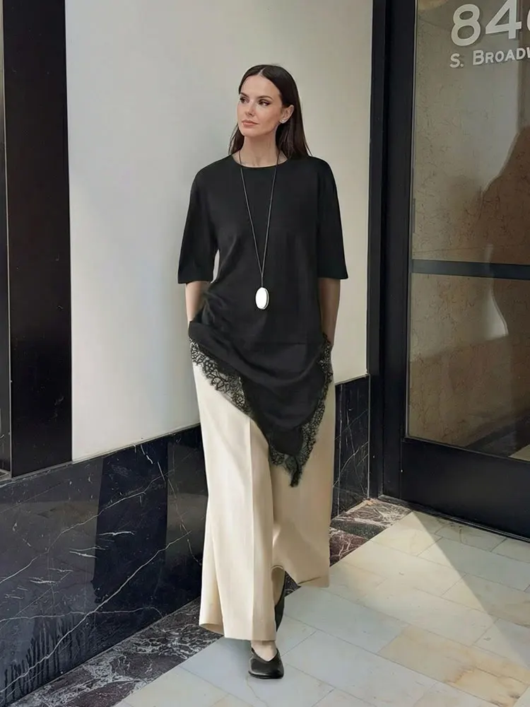 HH Women Elegant Fashion Asymmetrical Lace Hem Patchwork Blouse Short Sleeve O Neck Shirt 2026 Spring Trend Streetwear Y2K Tops