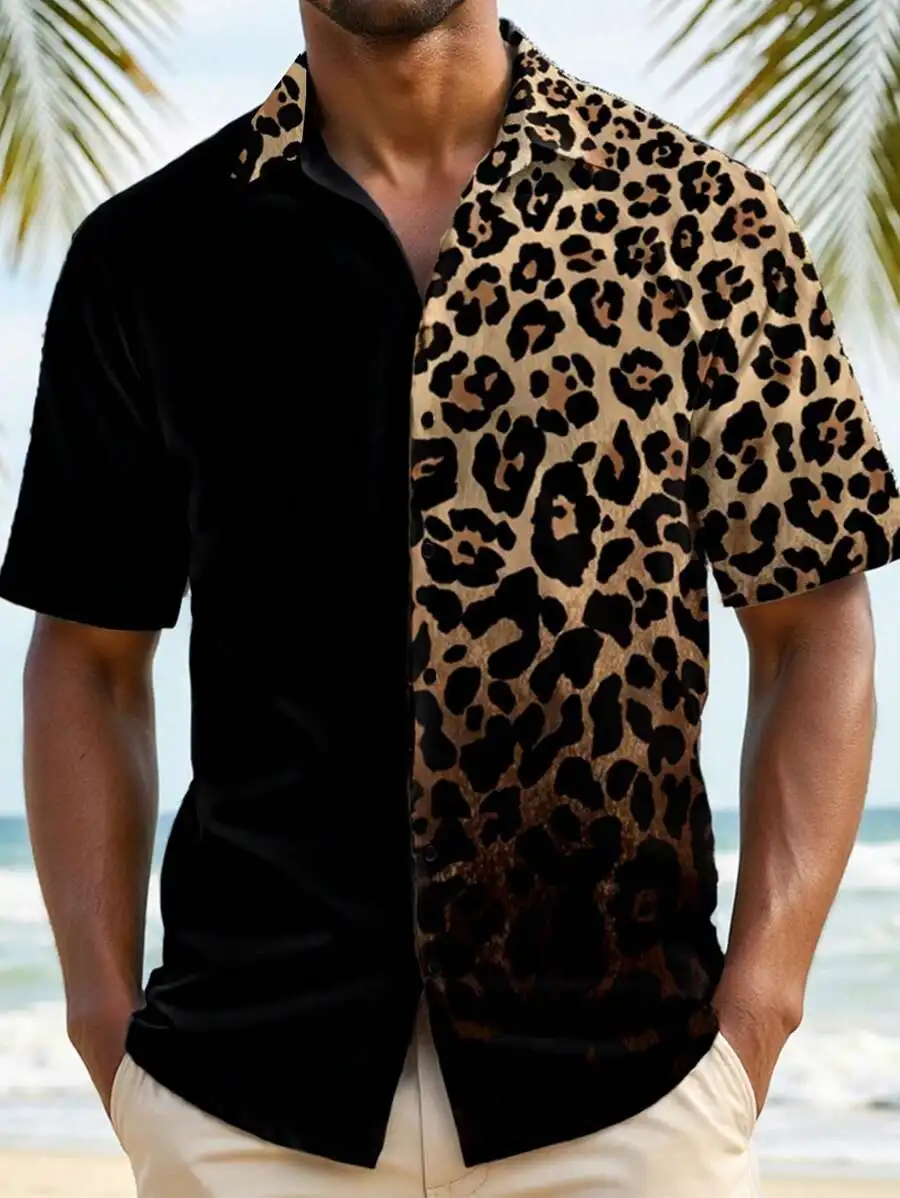 

Men's Two-Tone Leopard Print Button-Down Short Sleeve Casual Shirt