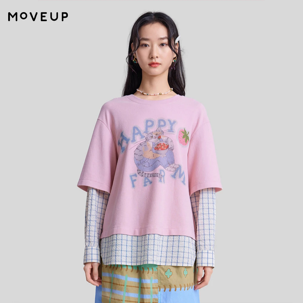MOVEUP Long Sleeved Round Neck T-Shirt 2026 Spring New Strawberry Cat Print Fake Two Piece Checkered T-Shirt Women 3ELC10543