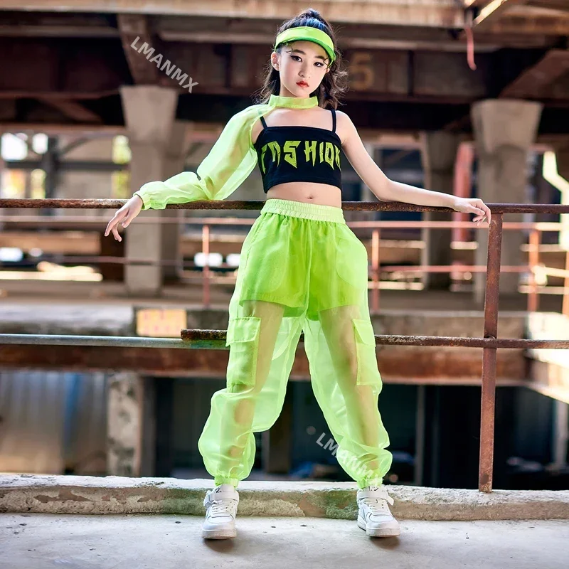 Single Sleeved Crop Tops Mesh Pants Kids Performance Outfit Hip Hop Kids Clothes Girls Jazz Street Dance Costume Green