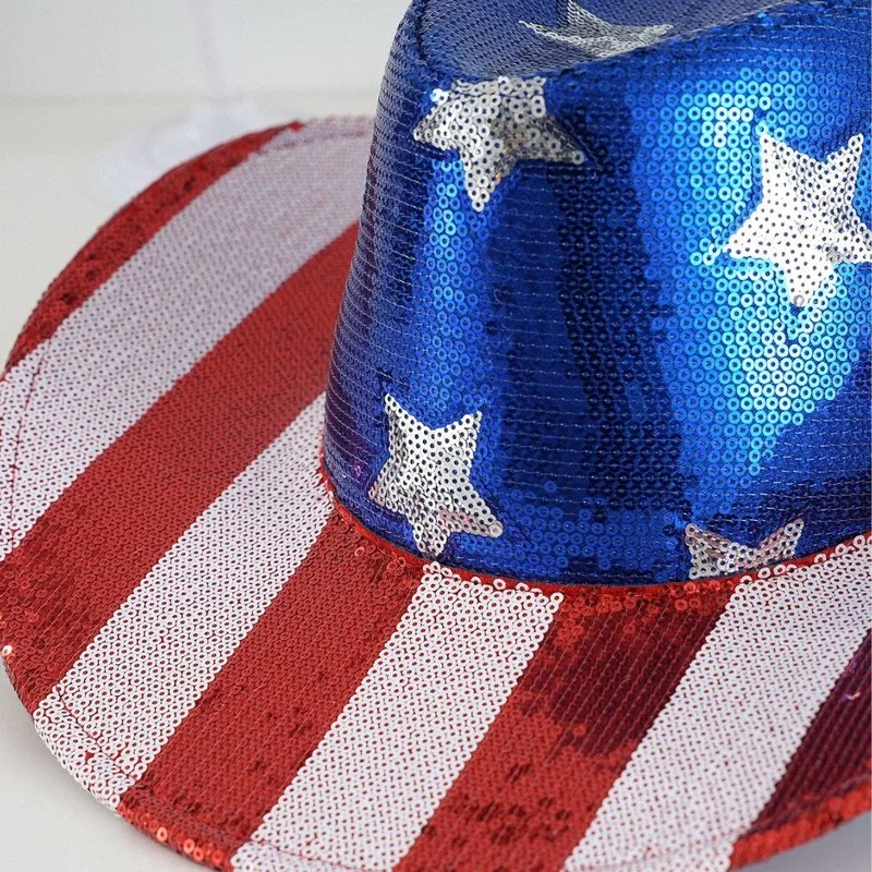 Red and white sequin striped five-pointed star hat, American Independence Day, national holiday, cowboy flag