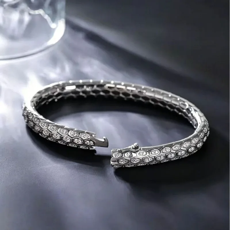Retro Carved Snake Bracelet, Snake Pattern Inlaid Rhinestone Jewelry, Unique Snake Bangle, Gift for Boyfriend Girlfriend