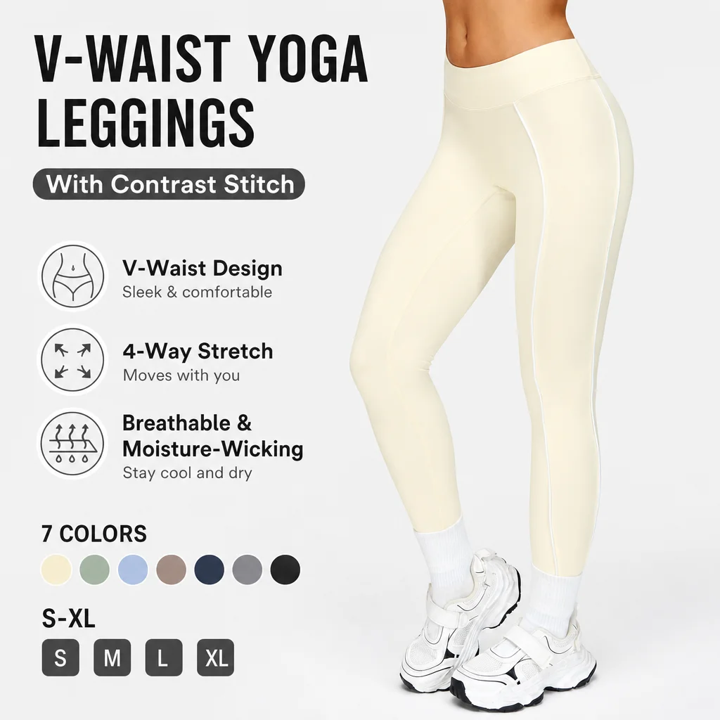 Women's V-Waist Yoga Leggings Contrast Stitching Booty Sculpting Tights Nude-Feel Brushed Nylon 4-Way Stretch Gym Pants S-XL