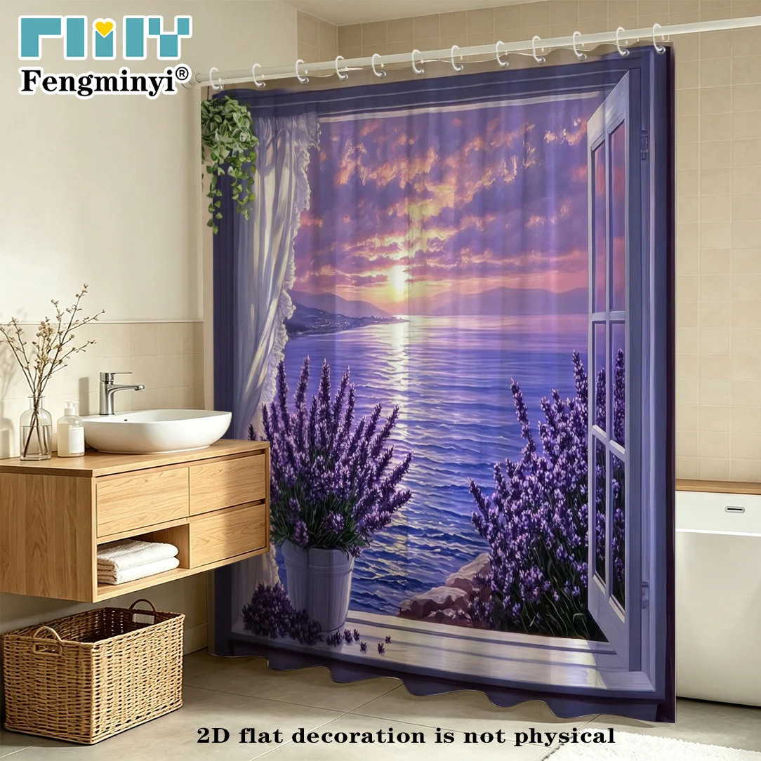 2D Flat, 1pc FENGMINYI Lavender Sunset Purple Beach Shower Curtain Suitable for Bath, Grommet Top Curtain Panel with Hooks, Hand