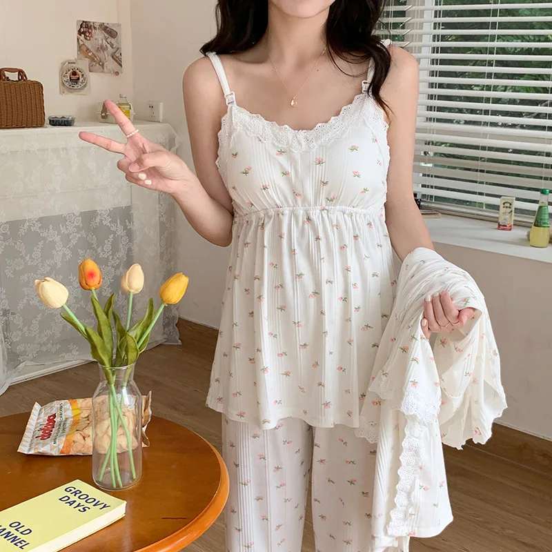 Одежда для родов с подушечками на груди, камзол для беременных, пижамный комплект для беременных, комплект из трех предметов для грудного вскармливания, послеродовая одежда для сна