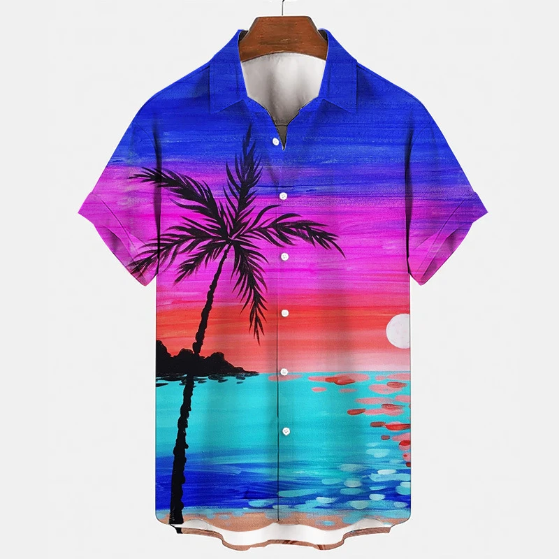 Men\'s Hawaiian Shirts 3D Print Coconut Palm Graphics T Shirts Fashion Button Short Sleeve Lapel Streetwear Hawaiian Shirts Tops