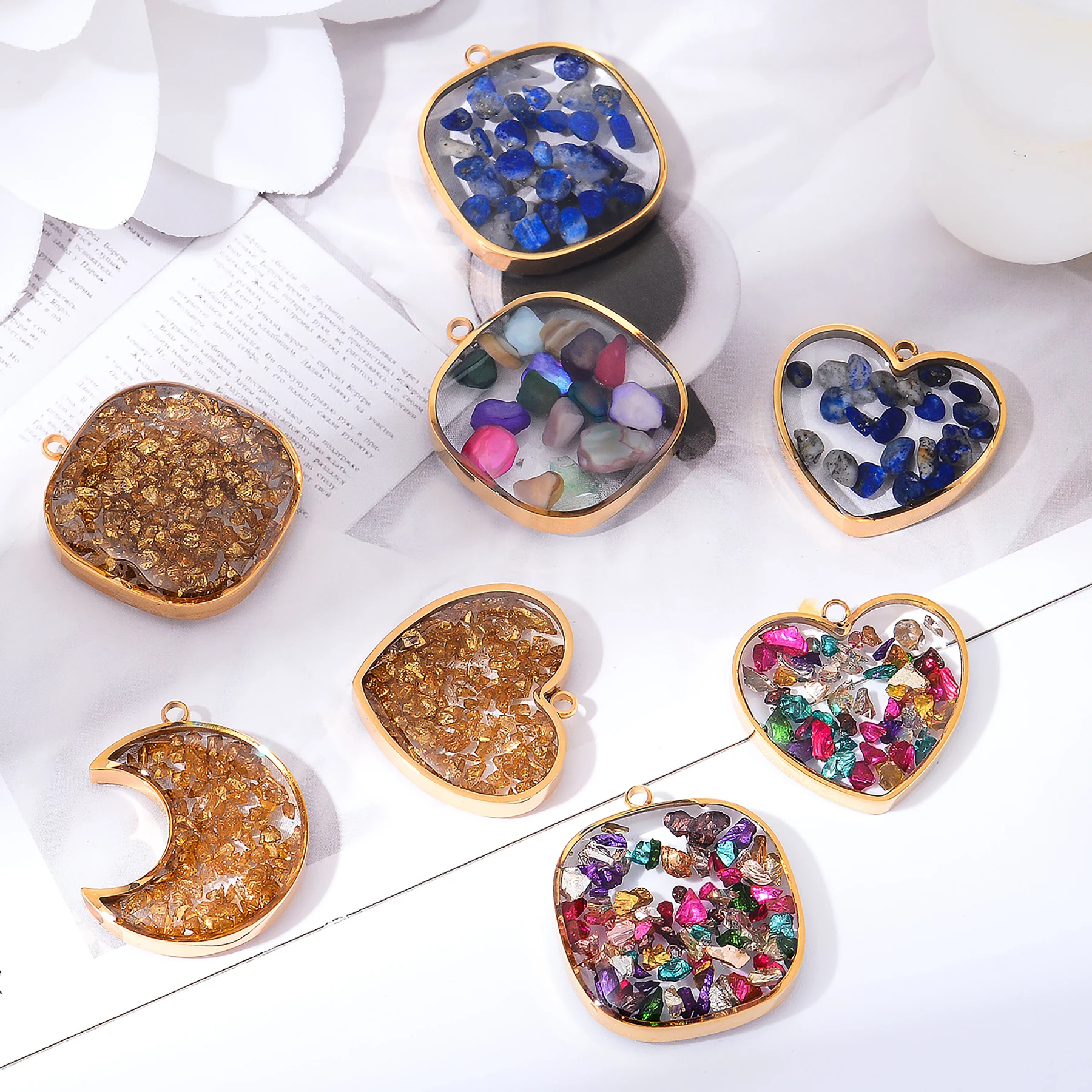 

2 шт. сердце/луна/квадратная красочная гравийная подвеска-подвеска DIY ожерелье ювелирные изделия аксессуары из нержавеющей стали