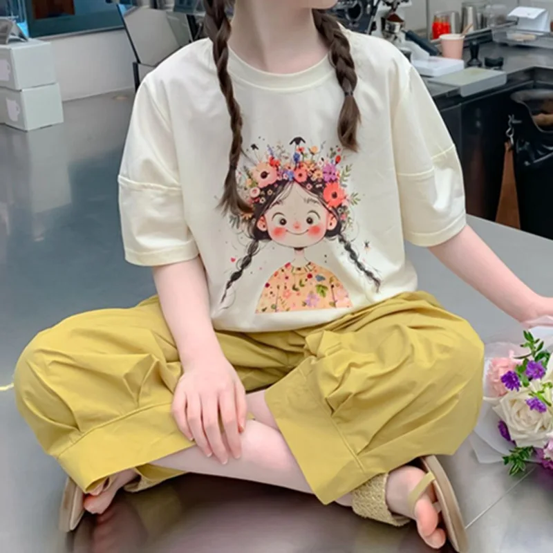 Girls Summer Sets Children Cartoon Short-sleeved Suit 2025 New Kids Fashion T-shirt+Pants 2Pcs Teenager Casual Clothing 5-14Y