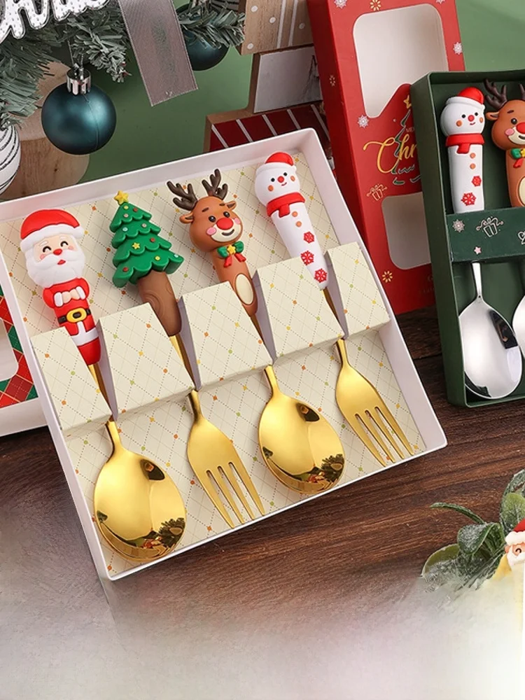 

Набор портативных складных столовых приборов из нержавеющей стали: маленькие ложки с мультяшным дизайном (Санта-Клаус, Дед Мороз) для кофе и десертов