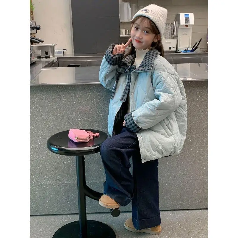 

Ношение хлопковой куртки с обеих сторон, повседневный комплект пальто Kawaii, детская одежда для девочек со стеганой нитью и ромбовидной сеткой, зимняя мода