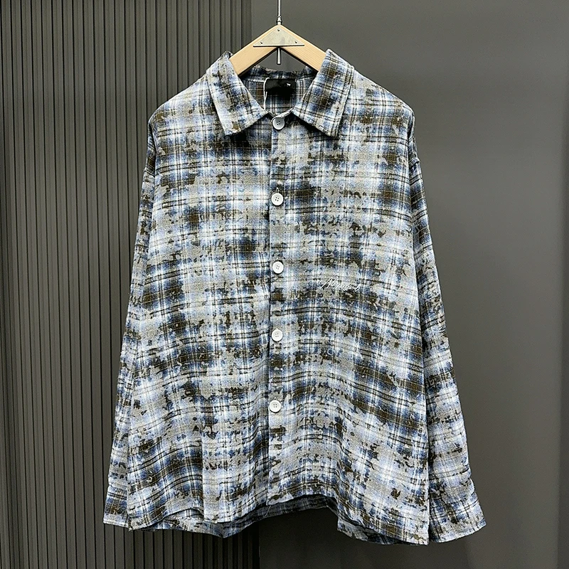 Vintage Men's Splashed Ink Plaid Tie Dye Shirt Autumn Letter Embroidery Long Sleeve Shacket Harajuku Streetwear V-shape Clothes