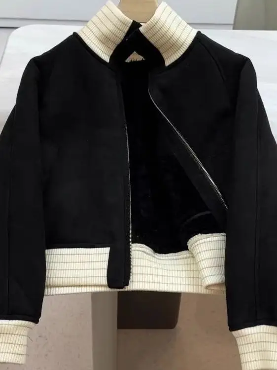 Fall Winter Fashion Suede Jacket Women's Short Plaid Fleece Lined Warm Zipper Closure Casual Slimming Top for Small Figures