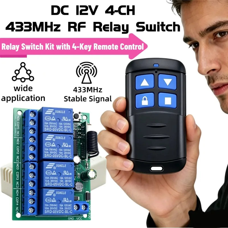 433Mhz Universal Wireless Remote Control Light Switch DC6-30V 12V 4CH RF Relay Receiver 50m Range for Light/Garage Door/LED DIY