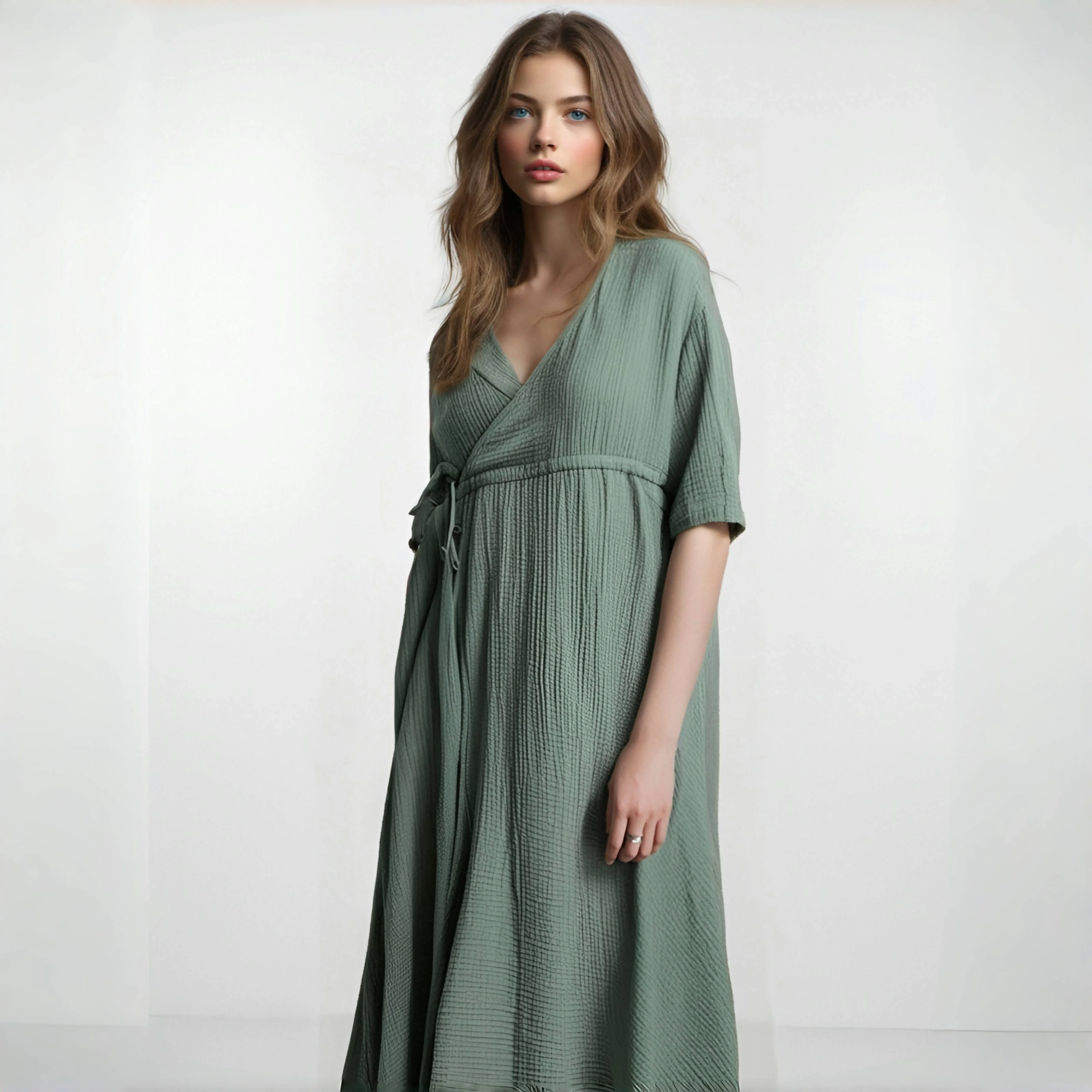 Elegant 100% Cotton Midi Dress Soild Loose Short Sleeve High Waist A-Line Dresses Female Muslin Robe Hoilday Travel Beachwear