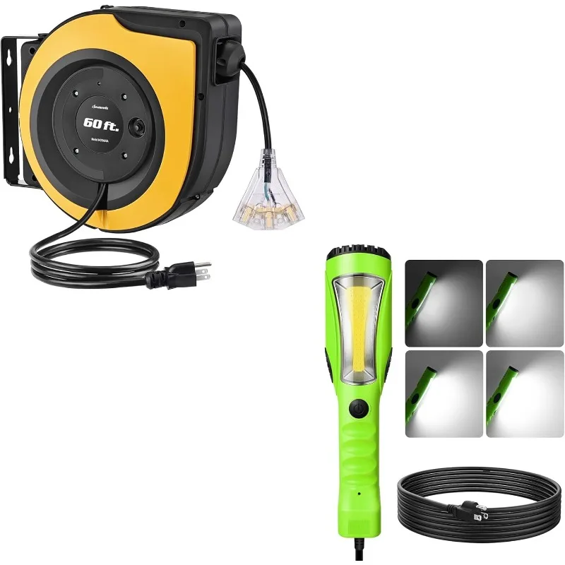

home.60FT Retractable Extension Cord Reel with LED Dimmable Work Light, Heavy Duty Power Cord with Trouble Light (15 f