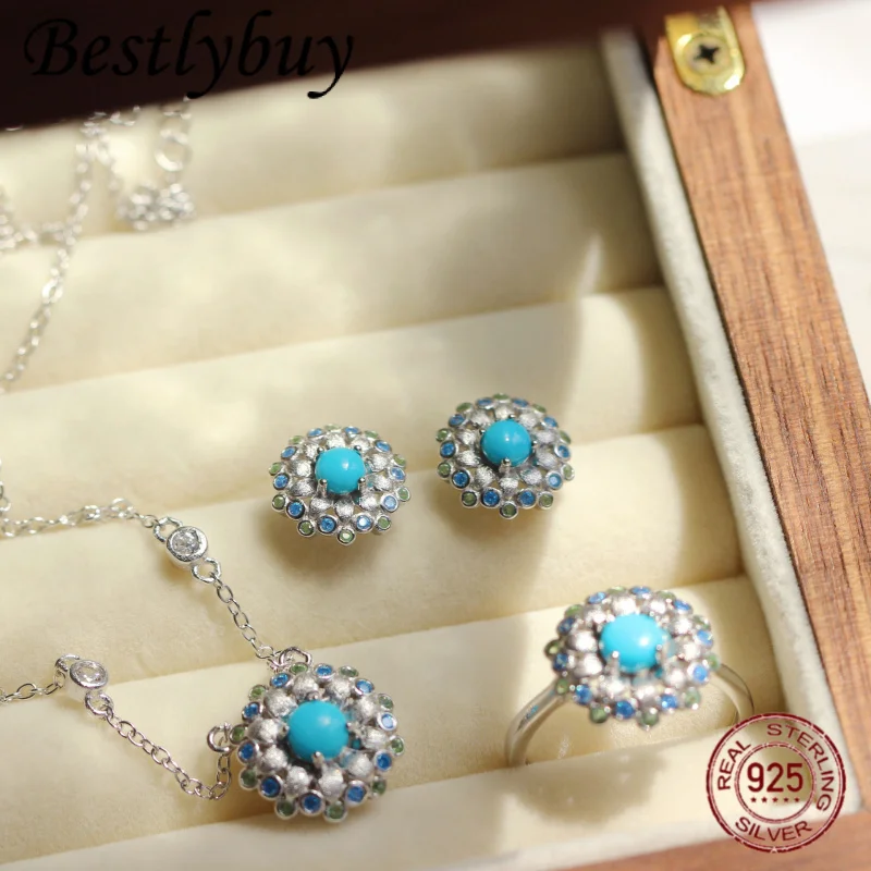 

Натуральная бирюза из стерлингового серебра 925 пробы с полым цветком, кольцо/серьги/ожерелье для женщин, роскошный комплект ювелирных изделий для свадебной вечеринки, новый