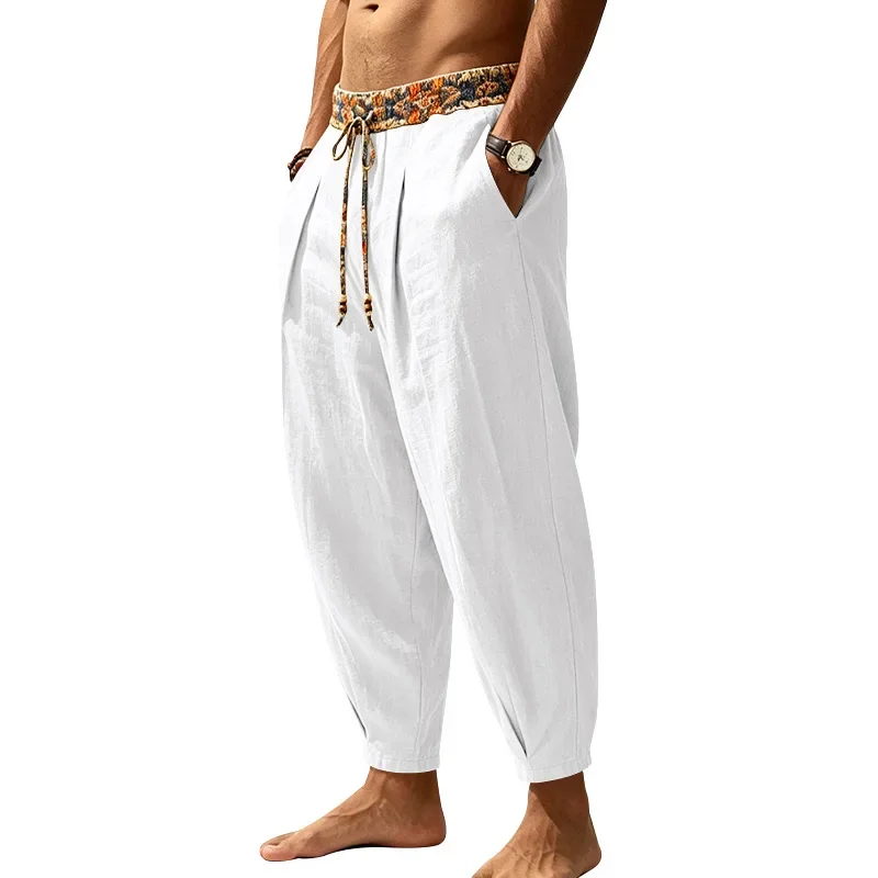 Herren 95% Leinen Haremshose Boho Blumenmuster Kordelzug Taille Lässige Weite Hose Strand Urlaub Knöchellange Hose – Detail 6