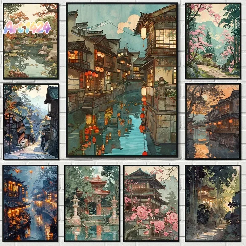 Vintage Hiroshi Yoshida Inspired Poster Traditional Japanese Village Landscape Canvas Painting Wall Art Living Room Home Deco